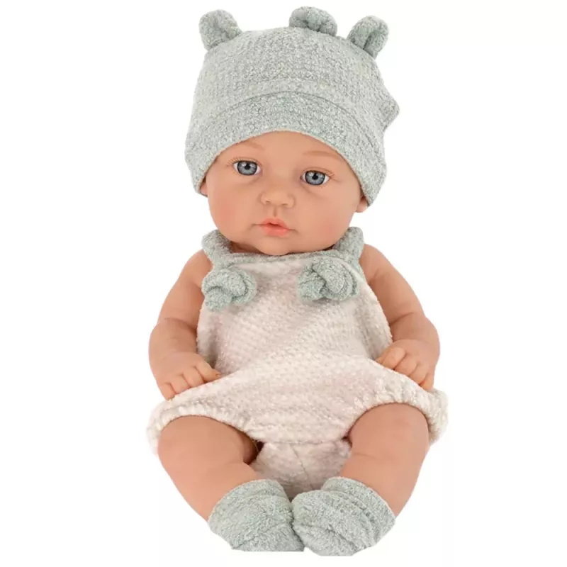 LEAN TOYS Boneca bebé, fato cinzento, gorro, babete, 18 cm