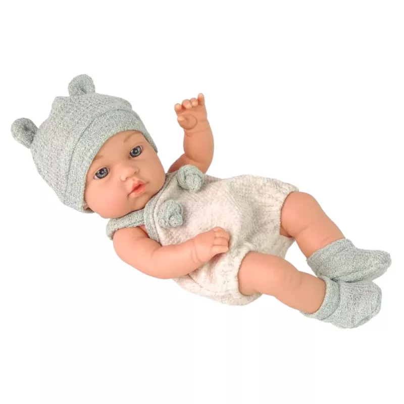 LEAN TOYS Boneca bebé, fato cinzento, gorro, babete, 18 cm