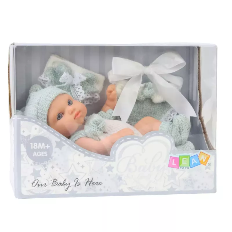 LEAN TOYS Boneca bebé, fato cinzento, gorro, babete, 18 cm