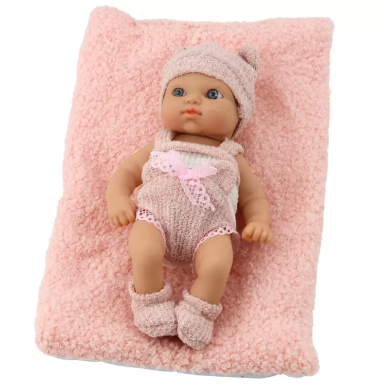 LEAN TOYS Boneca bebé com manta, roupa branca e rosa, chapéu, 18 cm