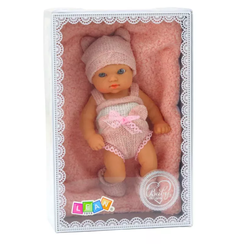 LEAN TOYS Boneca bebé com manta, roupa branca e rosa, chapéu, 18 cm