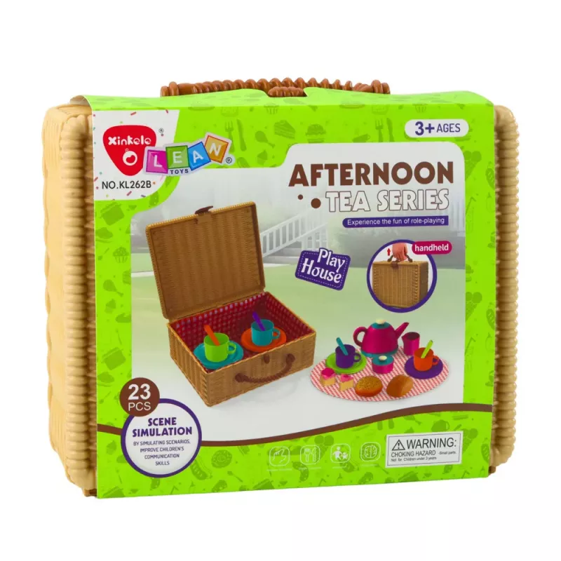 LEAN TOYS Conjunto de chá em cesto, chávenas, pratos, doces, 23 peças