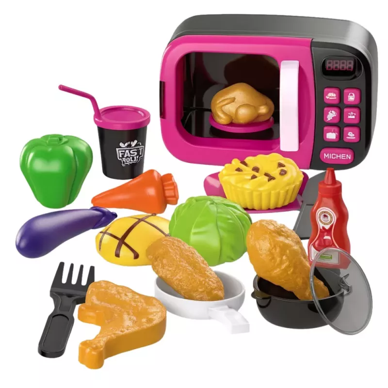 LEAN TOYS Micro-ondas de brincar para crianças com rotação 360°, luzes e sons, rosa