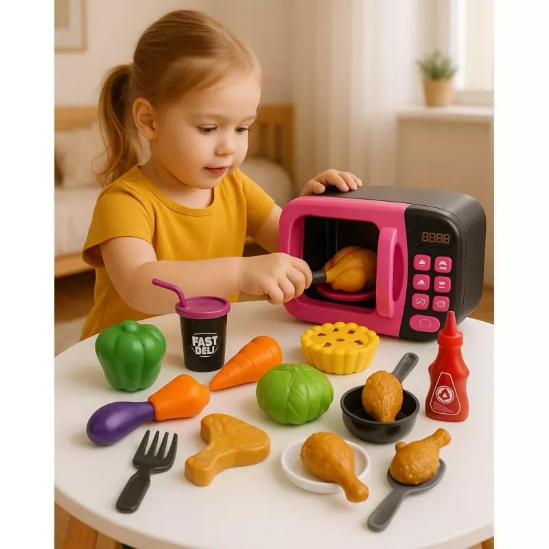 LEAN TOYS Micro-ondas de brincar para crianças com rotação 360°, luzes e sons, rosa