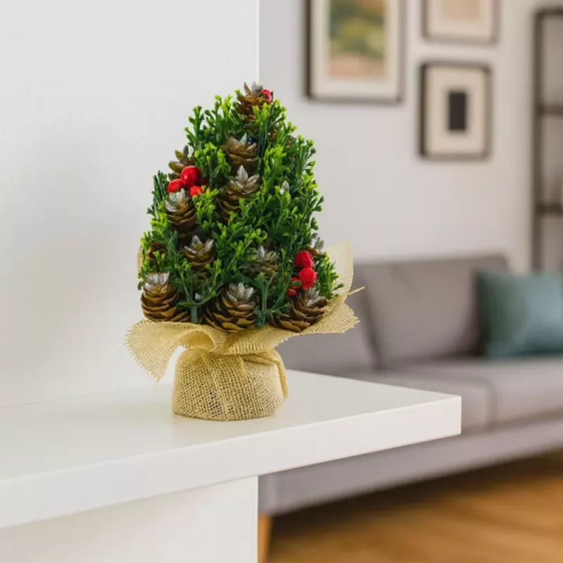 LEAN Pinha de árvore de Natal decorativa artificial com bagas vermelhas, decoração, 17x10cm