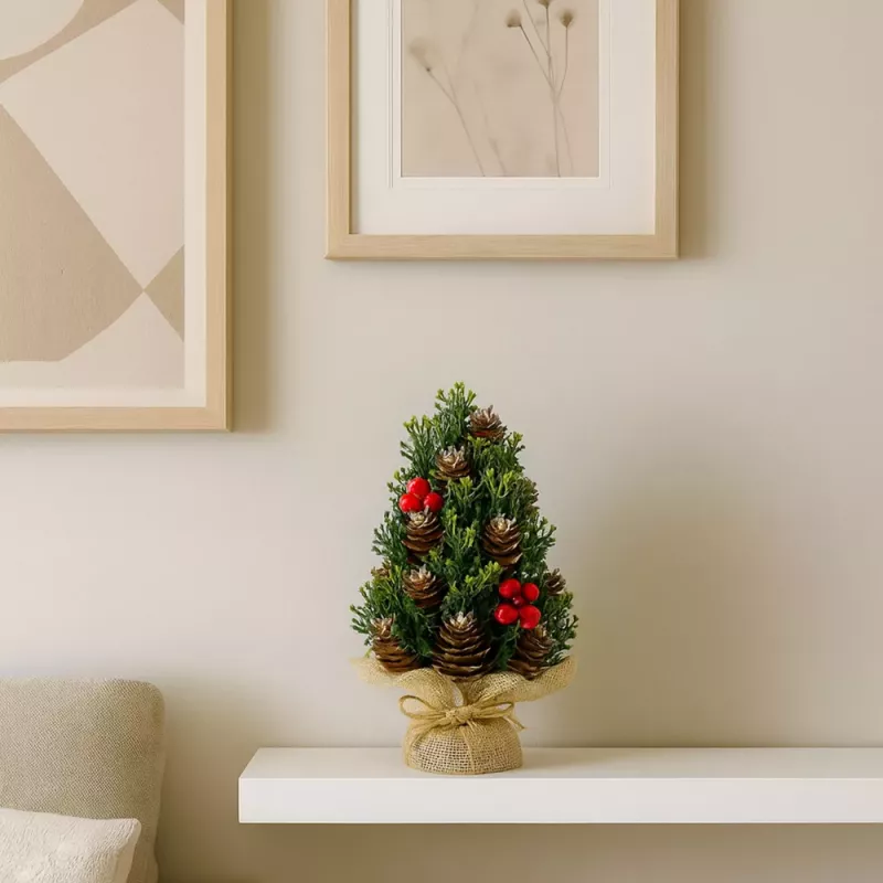 LEAN Pinha de árvore de Natal decorativa artificial com bagas vermelhas, decoração, 17x10cm