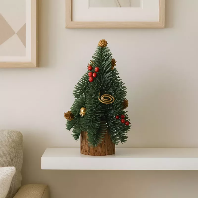 LEAN Árvore de Natal decorativa em tronco com bagas vermelhas e pinhas, 38 x 15 cm