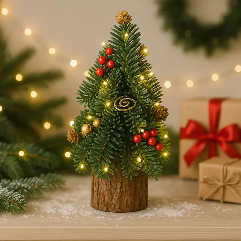 LEAN Árvore de Natal decorativa em tronco com bagas vermelhas e pinhas, 38 x 15 cm