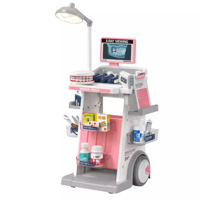 LEAN TOYS Conjunto de médico-dentista com carrinho médico e efeitos de luz, rosa, 26 peças