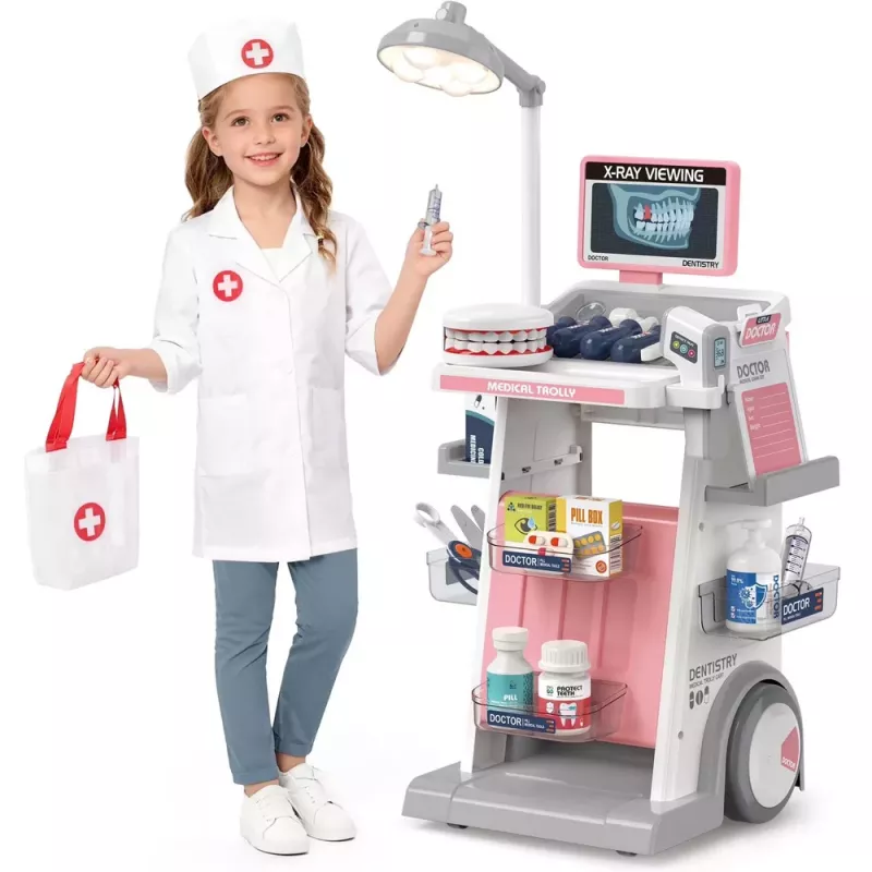LEAN TOYS Conjunto de médico-dentista com carrinho médico e efeitos de luz, rosa, 26 peças