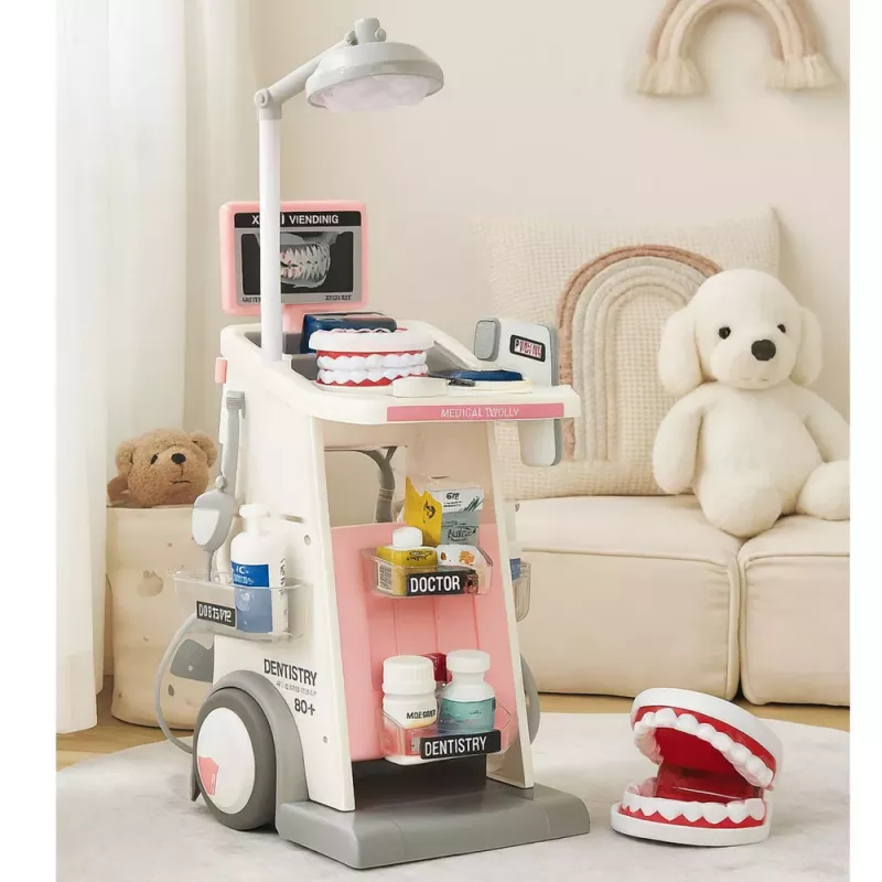 LEAN TOYS Conjunto de médico-dentista com carrinho médico e efeitos de luz, rosa, 26 peças