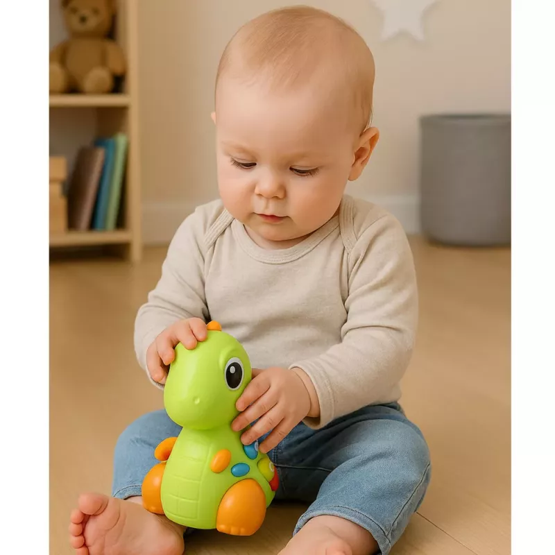 LEAN TOYS Brinquedo interativo para crianças pequenas dinossauro sobre rodas com luz e som