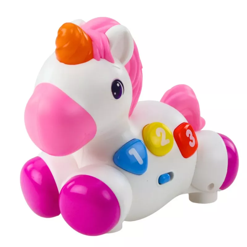 LEAN TOYS Brinquedo interativo para crianças pequenas unicórnio sobre rodas, luz e som