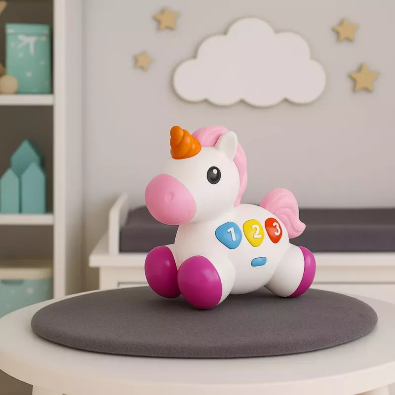 LEAN TOYS Brinquedo interativo para crianças pequenas unicórnio sobre rodas, luz e som