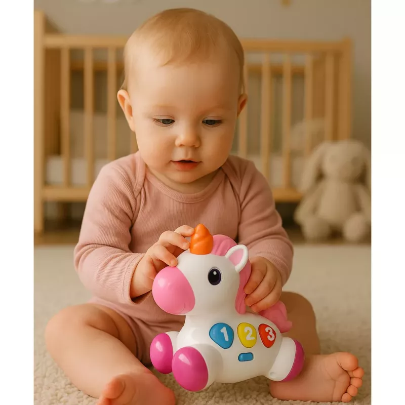 LEAN TOYS Brinquedo interativo para crianças pequenas unicórnio sobre rodas, luz e som