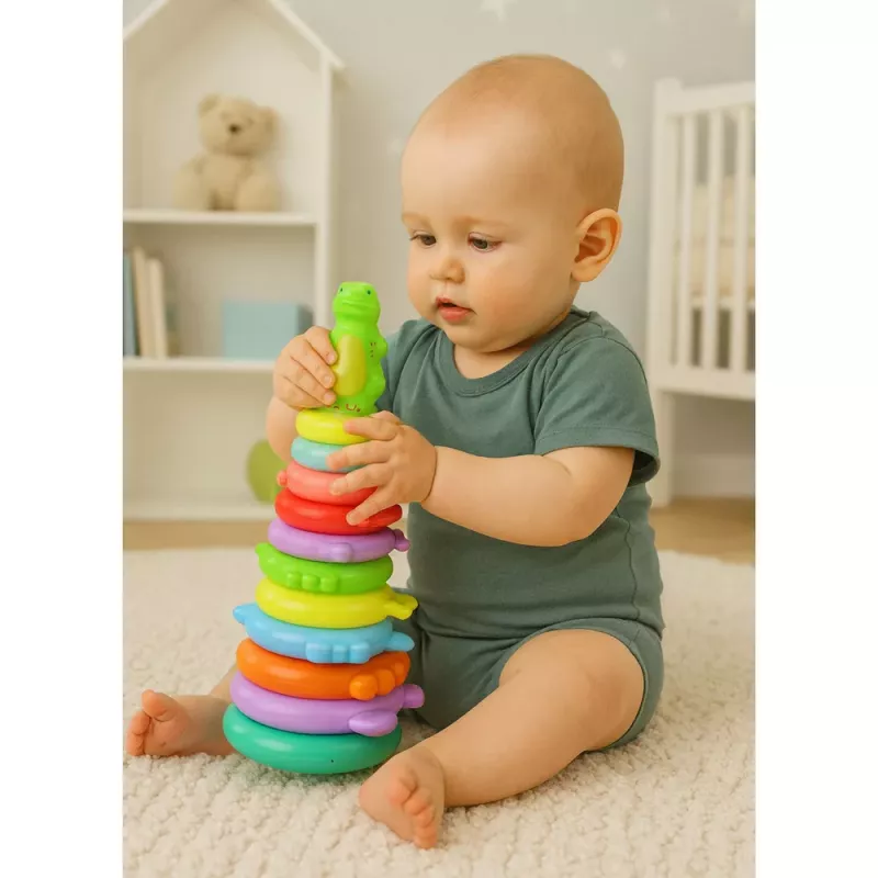LEAN TOYS Puzzle piramidal educativo com autocolantes de figuras de dinossauros, 12 níveis