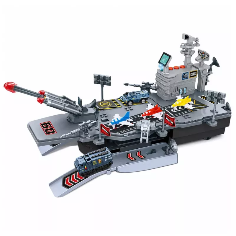 LEAN TOYS Conjunto militar porta-aviões, base militar, aviões de combate, veículos, luz e som