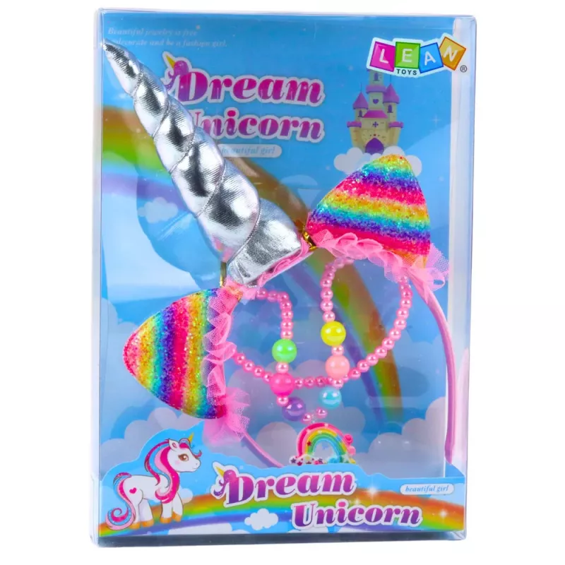 LEAN TOYS Conjunto de acessórios de fantasia de unicórnio - arco de cabeça, orelhas, corno, colar, colorido