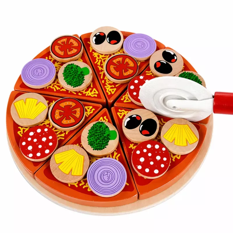 LEAN TOYS Conjunto de pizza de madeira para cortar com roda de velcro e tábua de corte