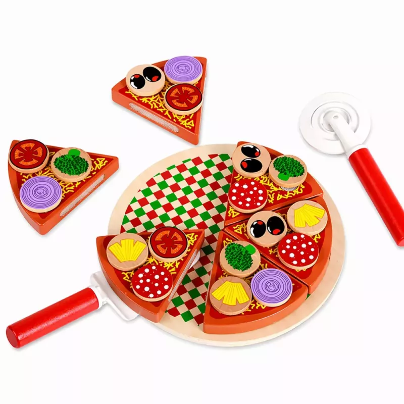 LEAN TOYS Conjunto de pizza de madeira para cortar com roda de velcro e tábua de corte
