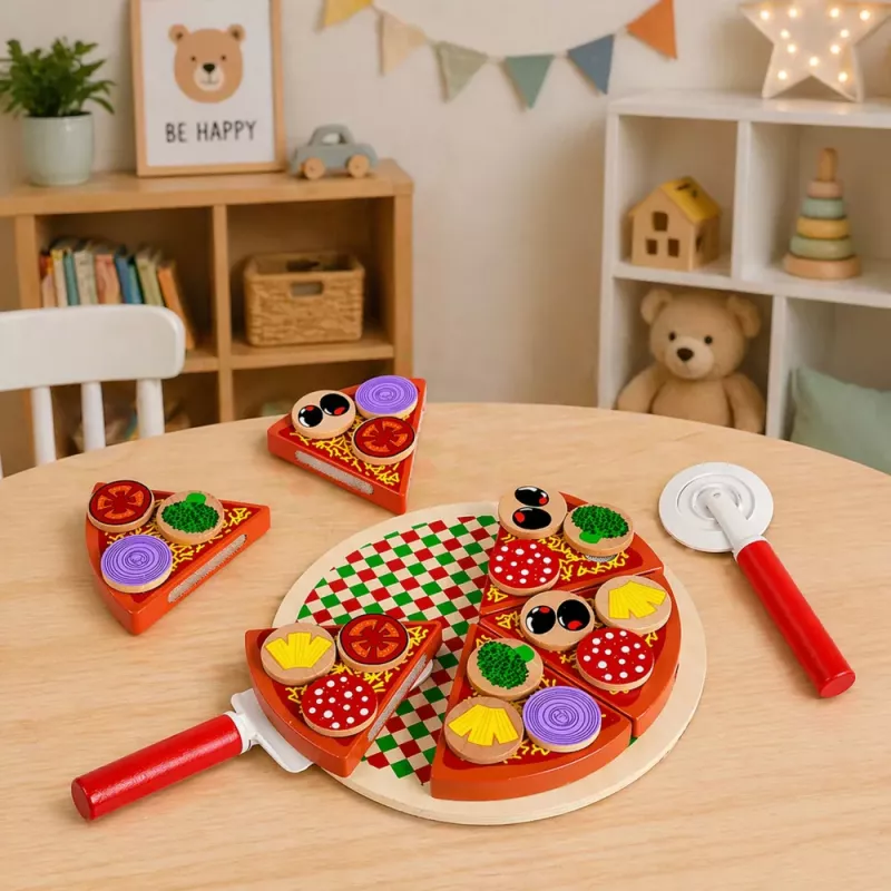 LEAN TOYS Conjunto de pizza de madeira para cortar com roda de velcro e tábua de corte