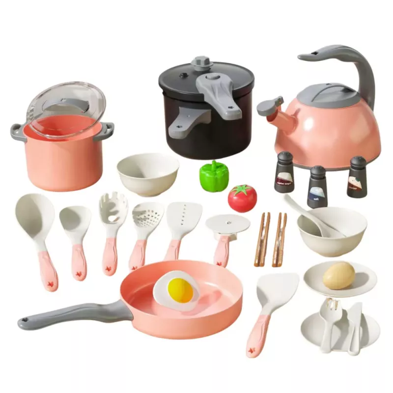 LEAN TOYS Conjunto de cozinha panelas, acessórios de cozinha, comida, rosa, 32 peças
