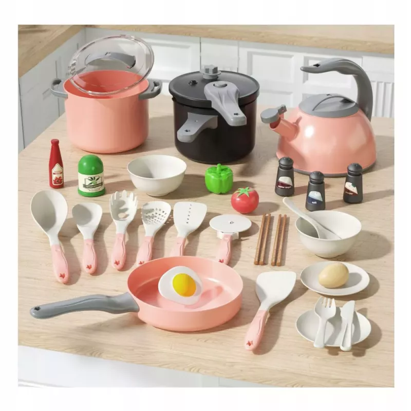 LEAN TOYS Conjunto de cozinha panelas, acessórios de cozinha, comida, rosa, 32 peças