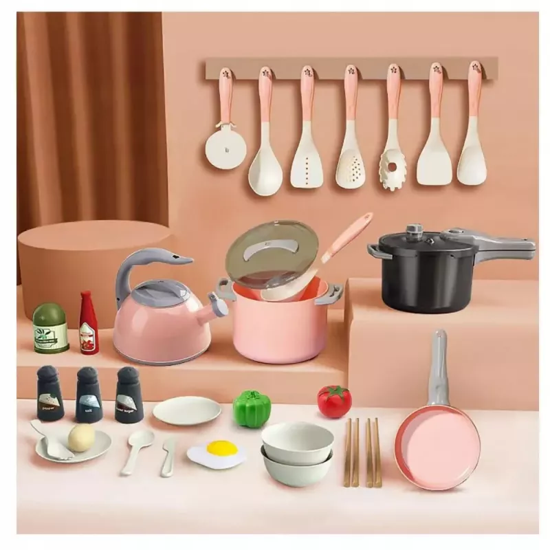 LEAN TOYS Conjunto de cozinha panelas, acessórios de cozinha, comida, rosa, 32 peças