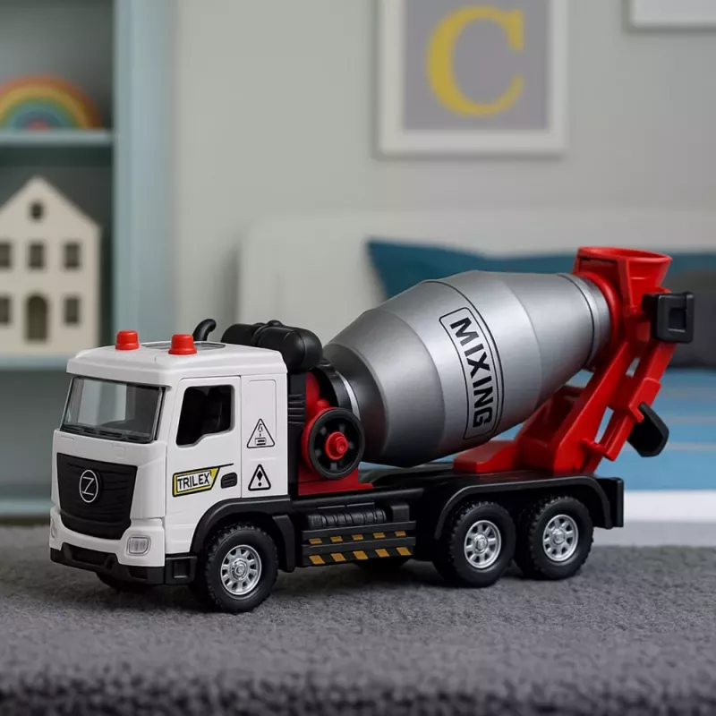 LEAN TOYS Betoneira veículo de obra cabina metálica tambor rotativo luzes sons