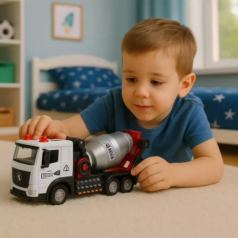 LEAN TOYS Betoneira veículo de obra cabina metálica tambor rotativo luzes sons