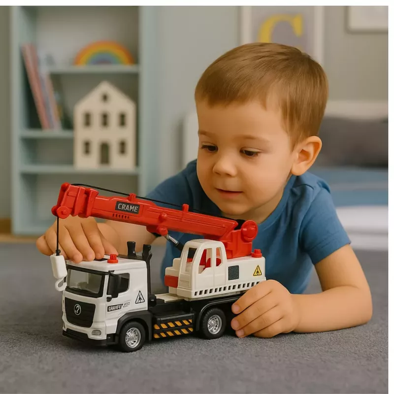 LEAN TOYS Camião com grua, cabina metálica, lança ajustável, sistema de luz e som