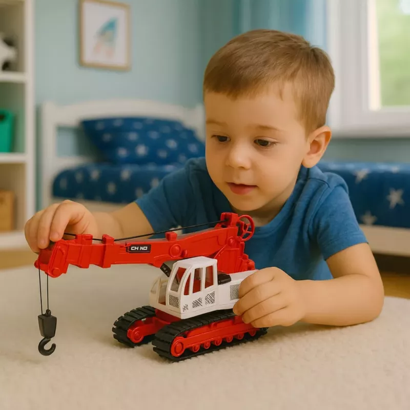 LEAN TOYS Grua de rastos com cabina rotativa, luz, som, gancho metálico - veículo de obra RC à escala 1:14