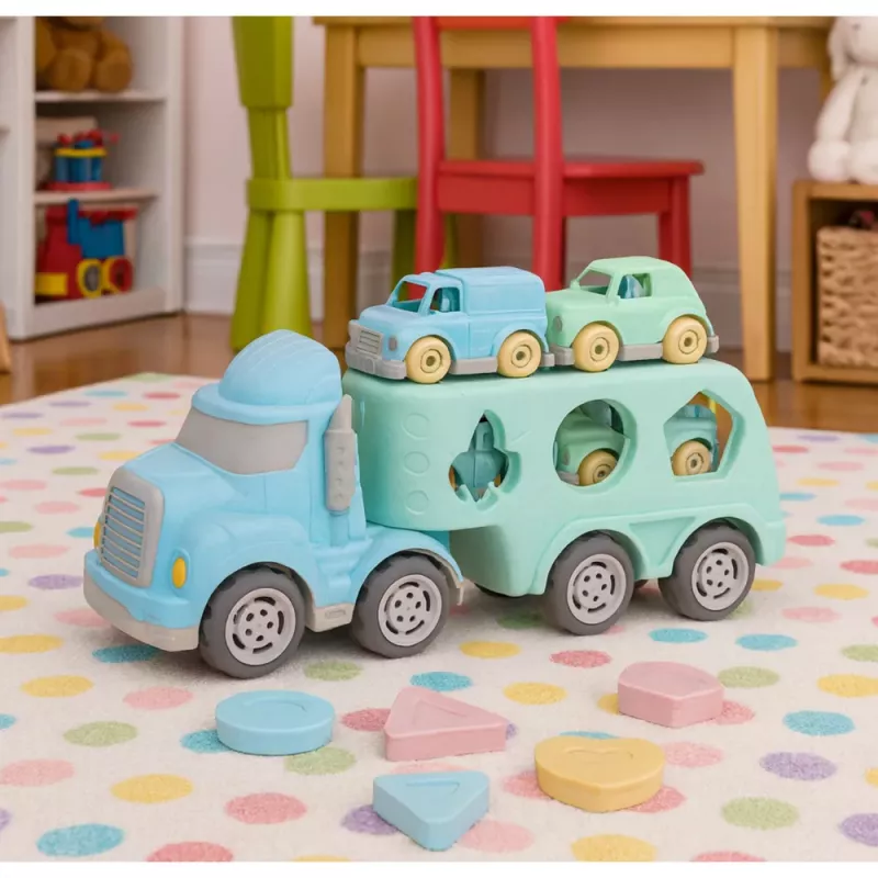 LEAN TOYS Camião reboque brinquedo educativo encaixe com carros blocos pastel plástico BIO