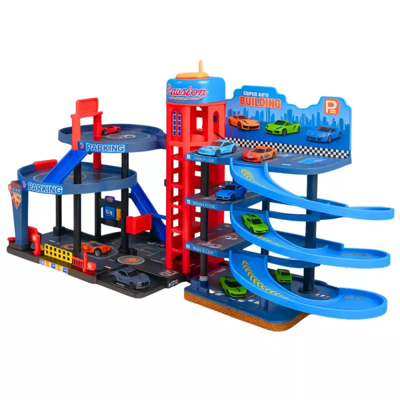 LEAN TOYS Parque de estacionamento com carros, pista de corrida de 4 pisos, 8 veículos de metal, autocolantes