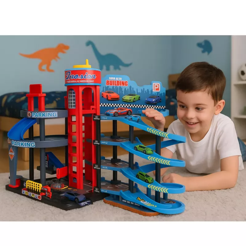 LEAN TOYS Parque de estacionamento com carros, pista de corrida de 4 pisos, 8 veículos de metal, autocolantes