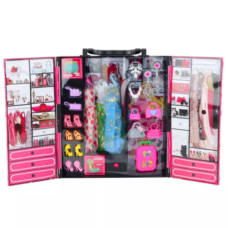 LEAN TOYS Conjunto de guarda-roupa rosa para bonecas, vestidos, sapatos, acessórios