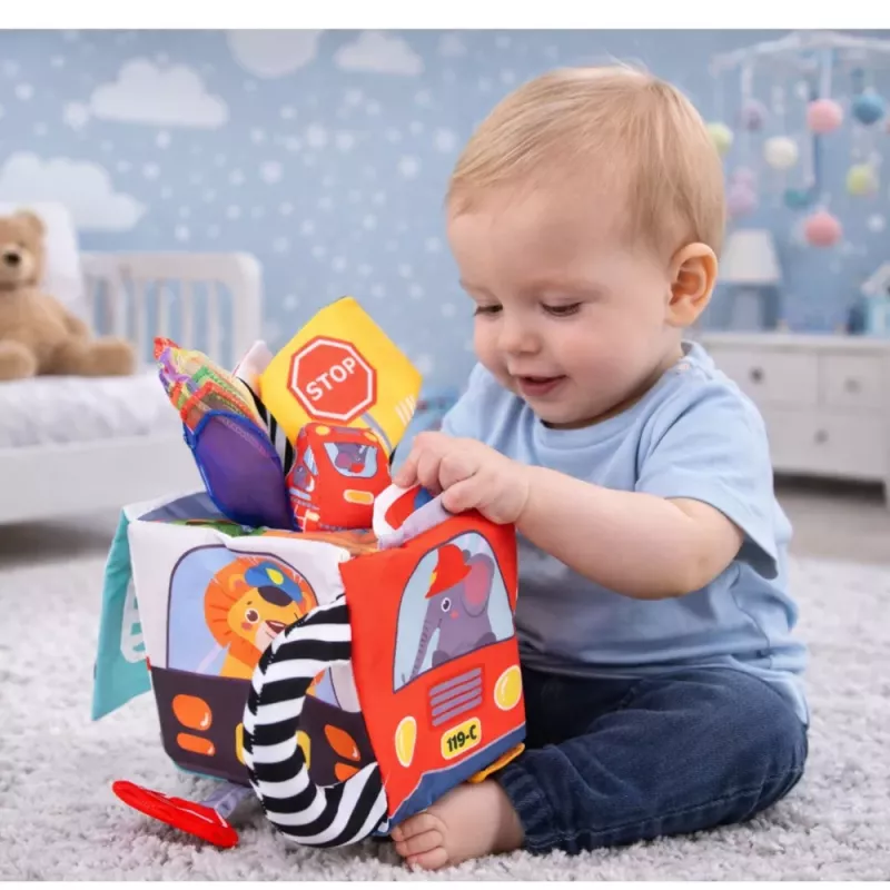 LEAN TOYS Cubo sensorial macio com espelho carros e sinais de trânsito para crianças pequenas
