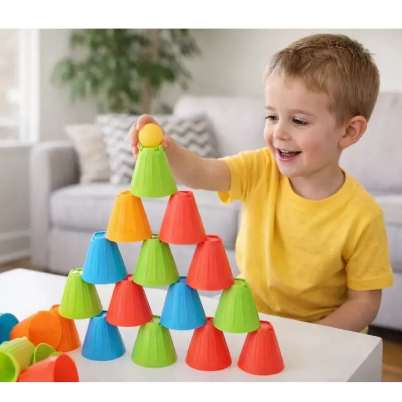 LEAN TOYS Jogo educativo de destreza Fast Cups 3em1 bolas copos 38 peças