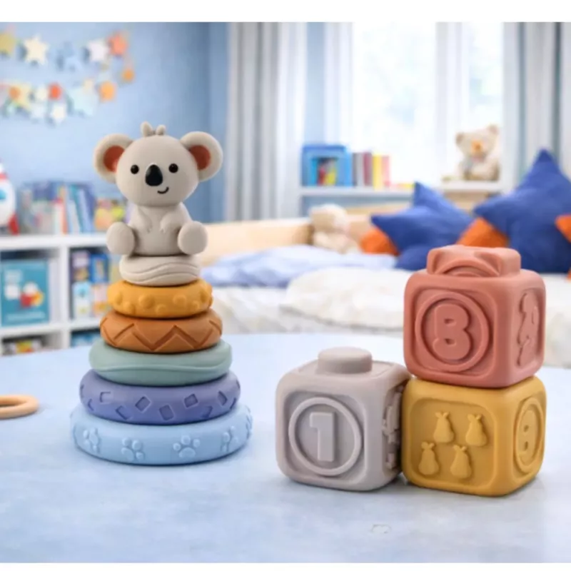 LEAN TOYS Blocos de aprendizagem sensoriais torre de blocos macios de borracha koala 13 unid.