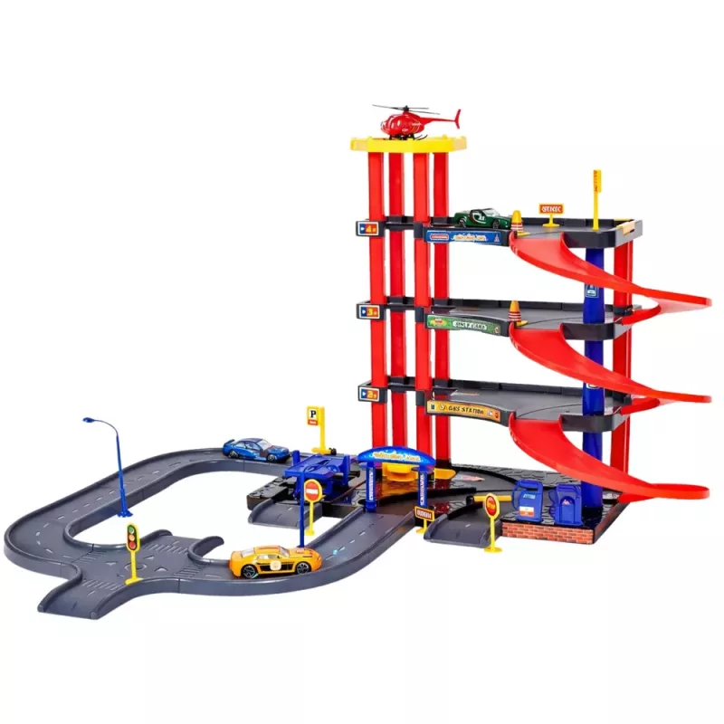 LEAN TOYS Parque de estacionamento com 4 pisos, elevador, helicóptero e carros, 70 peças