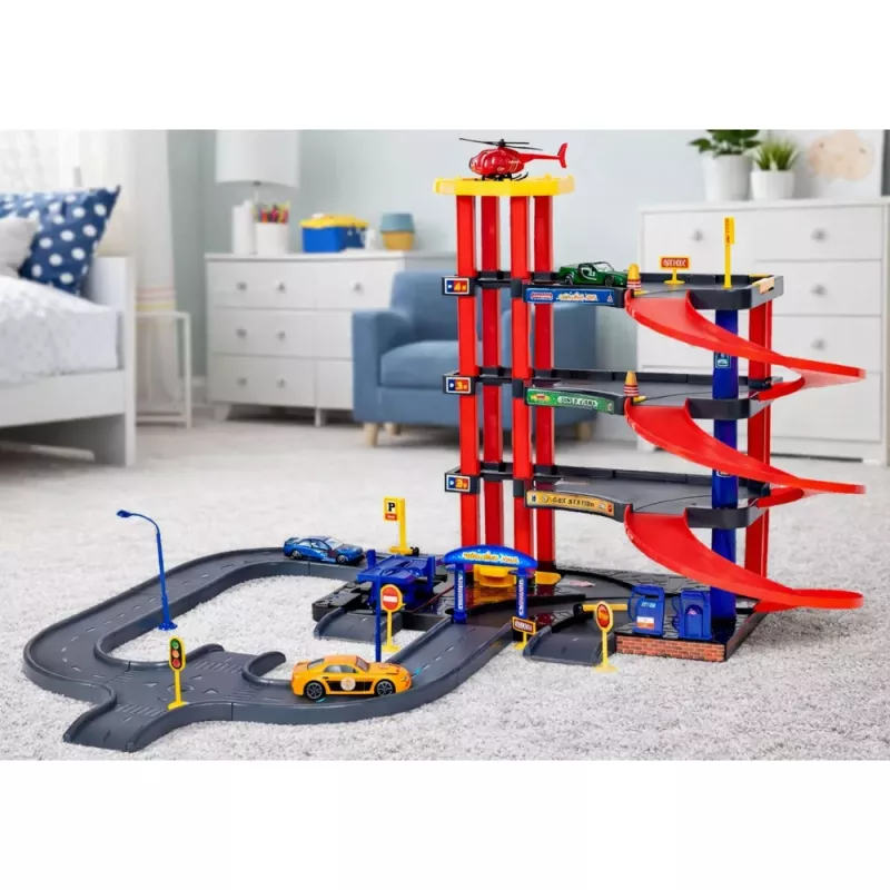 LEAN TOYS Parque de estacionamento com 4 pisos, elevador, helicóptero e carros, 70 peças
