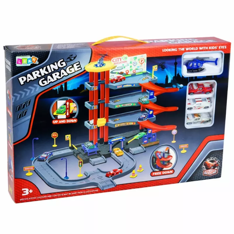 LEAN TOYS Parque de estacionamento com 4 pisos, elevador, helicóptero e carros, 70 peças