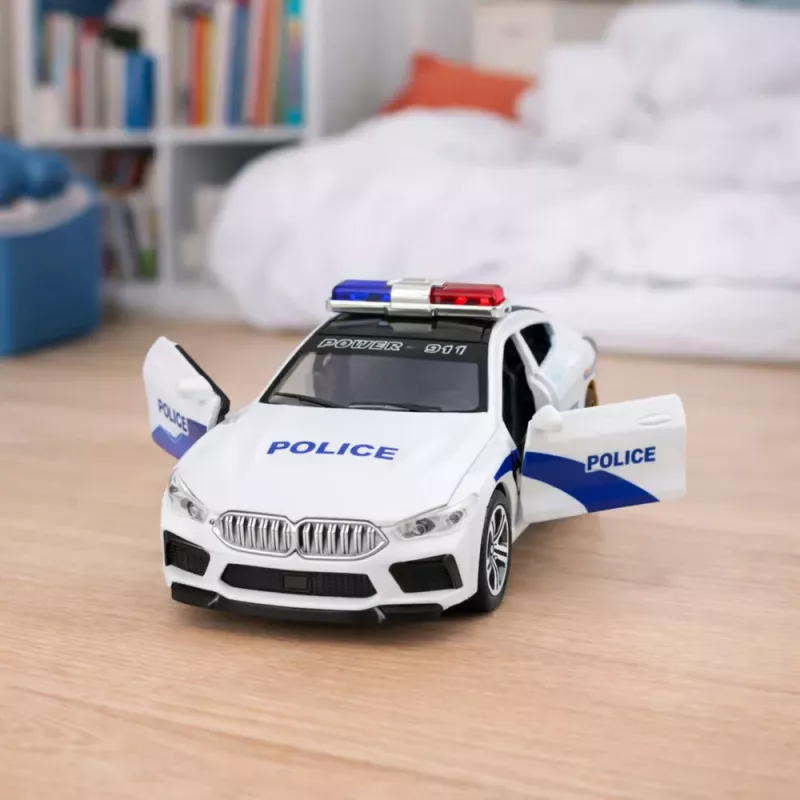 LEAN TOYS Carro de polícia com portas de abrir, luz e som motorizados, branco
