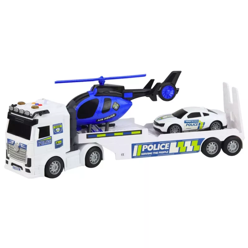 LEAN TOYS Conjunto camião de polícia reboque carro helicóptero luzes som