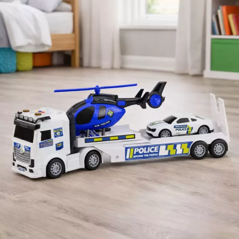 LEAN TOYS Conjunto camião de polícia reboque carro helicóptero luzes som
