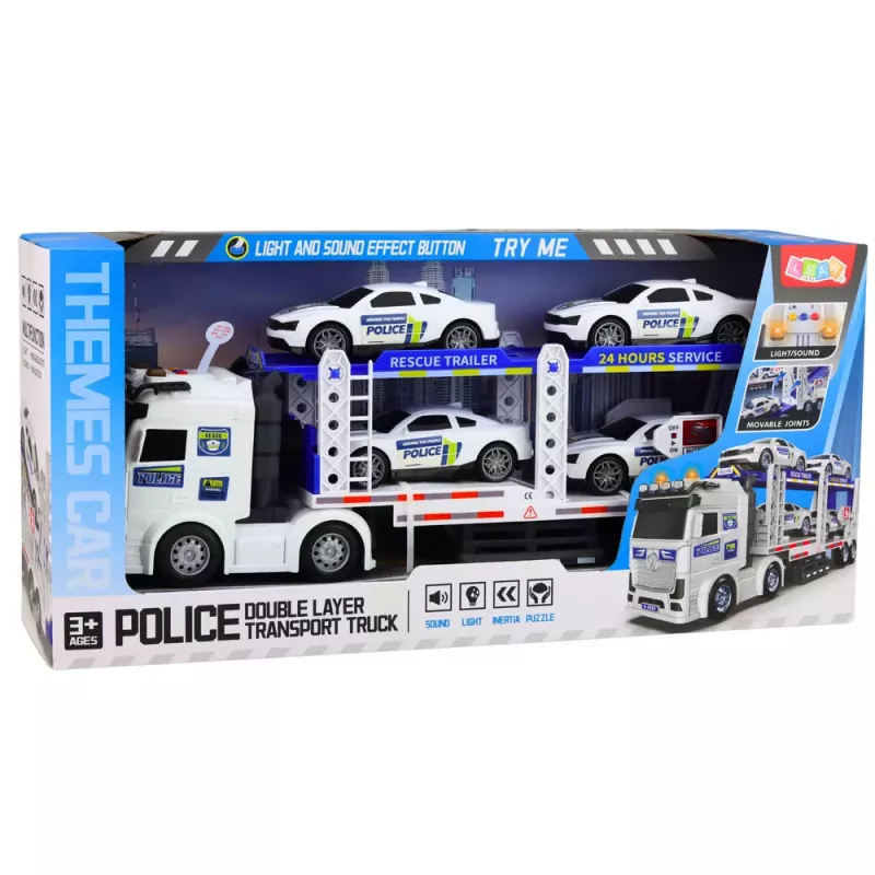 LEAN TOYS Camião de polícia reboque transporte carros de polícia com luz e som