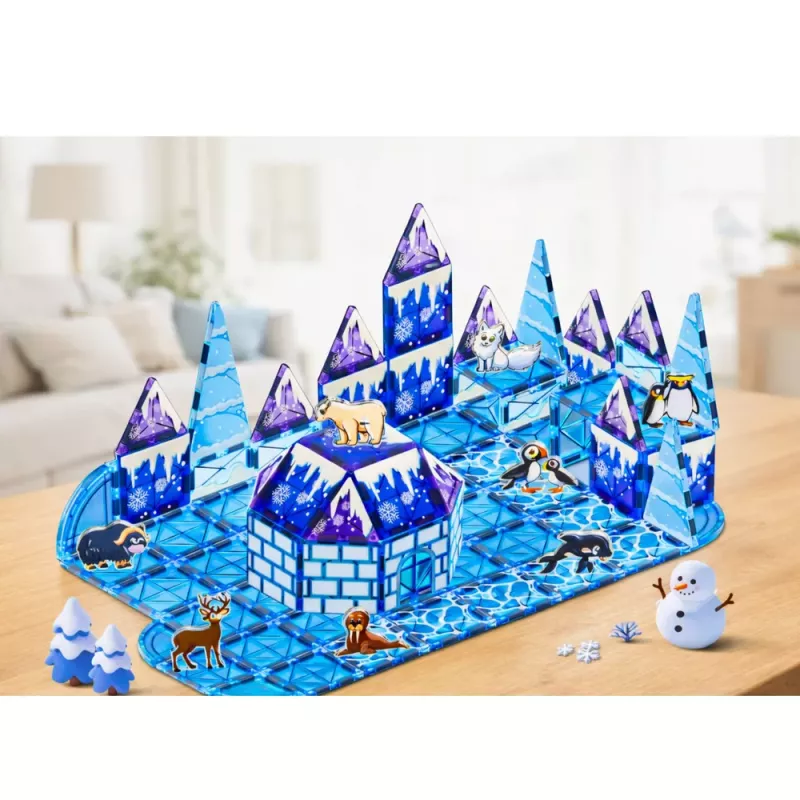 LEAN TOYS Blocos magnéticos com figuras de animais da terra do gelo, azul, 94 peças