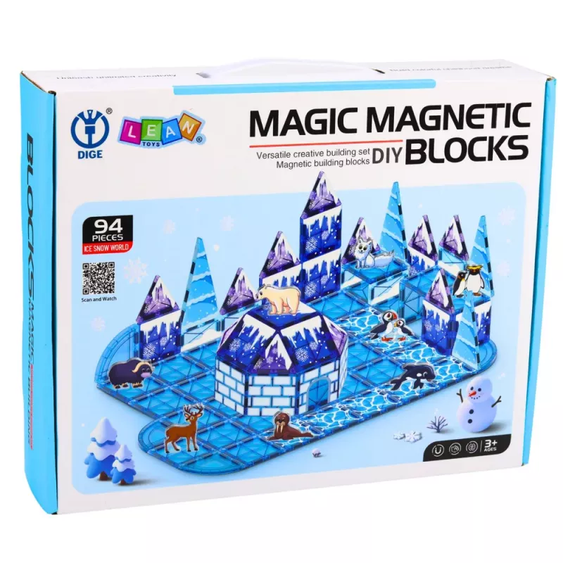 LEAN TOYS Blocos magnéticos com figuras de animais da terra do gelo, azul, 94 peças