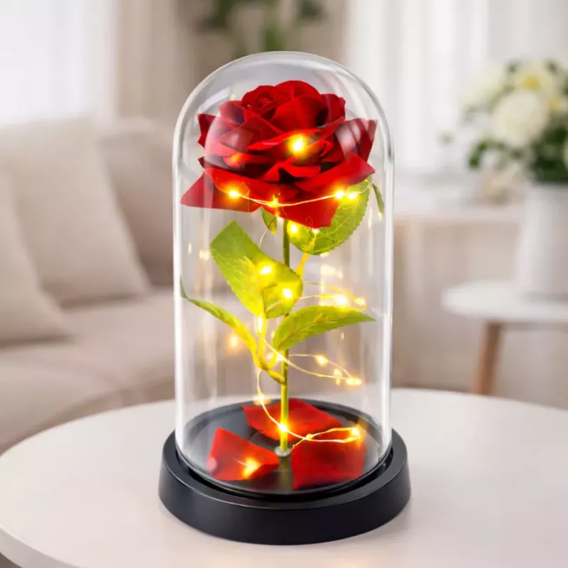 LEAN Rosa eterna em campânula de vidro com iluminação LED, vermelha, 21,5 x 11 cm