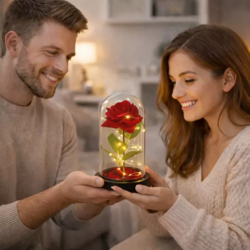 LEAN Rosa eterna em campânula de vidro com iluminação LED, vermelha, 21,5 x 11 cm